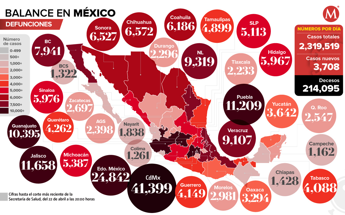 Mapa de muertes por coronavirus en México al 22 de abril de 2021.