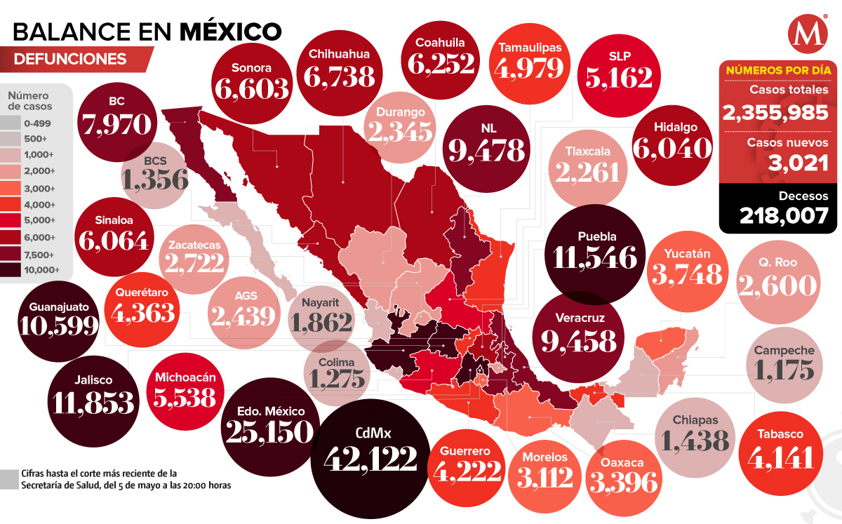 Mapa de muertes por coronavirus en México al 5 de mayo de 2021.