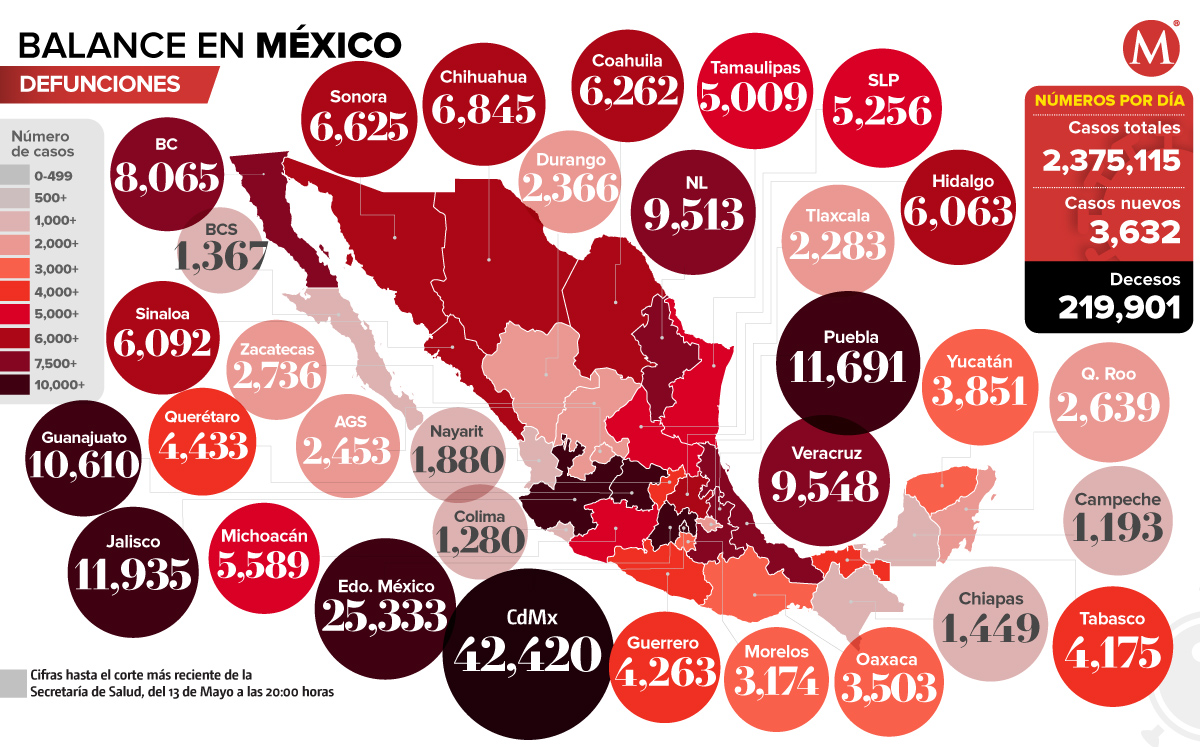 Mapa de muertes por coronavirus en México al 12 de mayo de 2021.