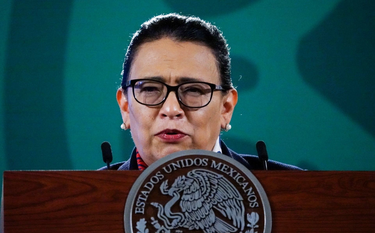 La secretaria de Seguridad, Rosa Icela Rodríguez, el 21 de mayo en la conferencia mañanera. (Cuartoscuro)
