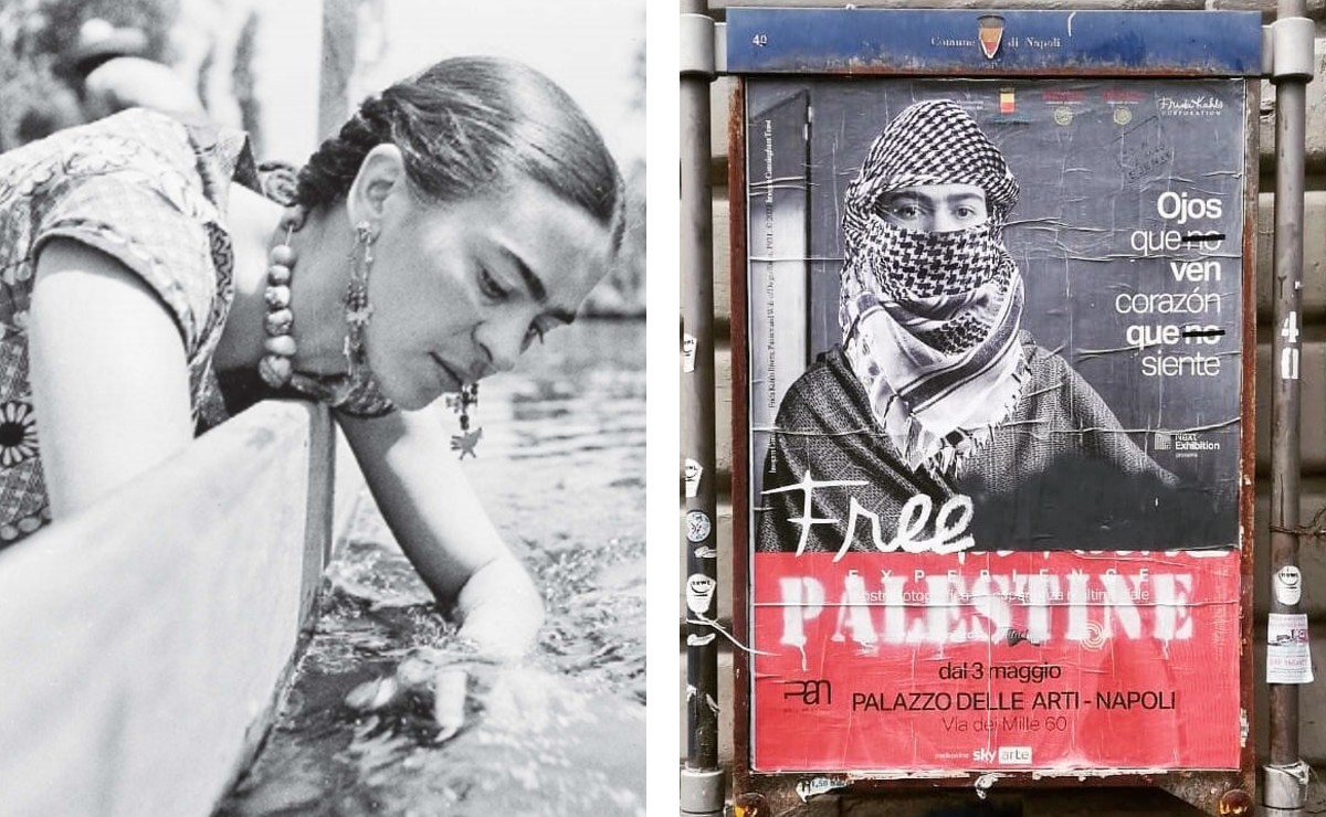 El cartel de Frida Kahlo fue intervenido para pedir un alto a la violencia contra Palestina. (Eduardo Castaldo)