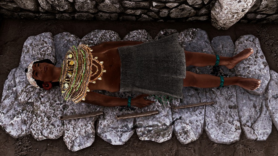 Reconstrucción digital del ajuar funerario, Tumba II de Tingambato. (Cortesía: INAH)