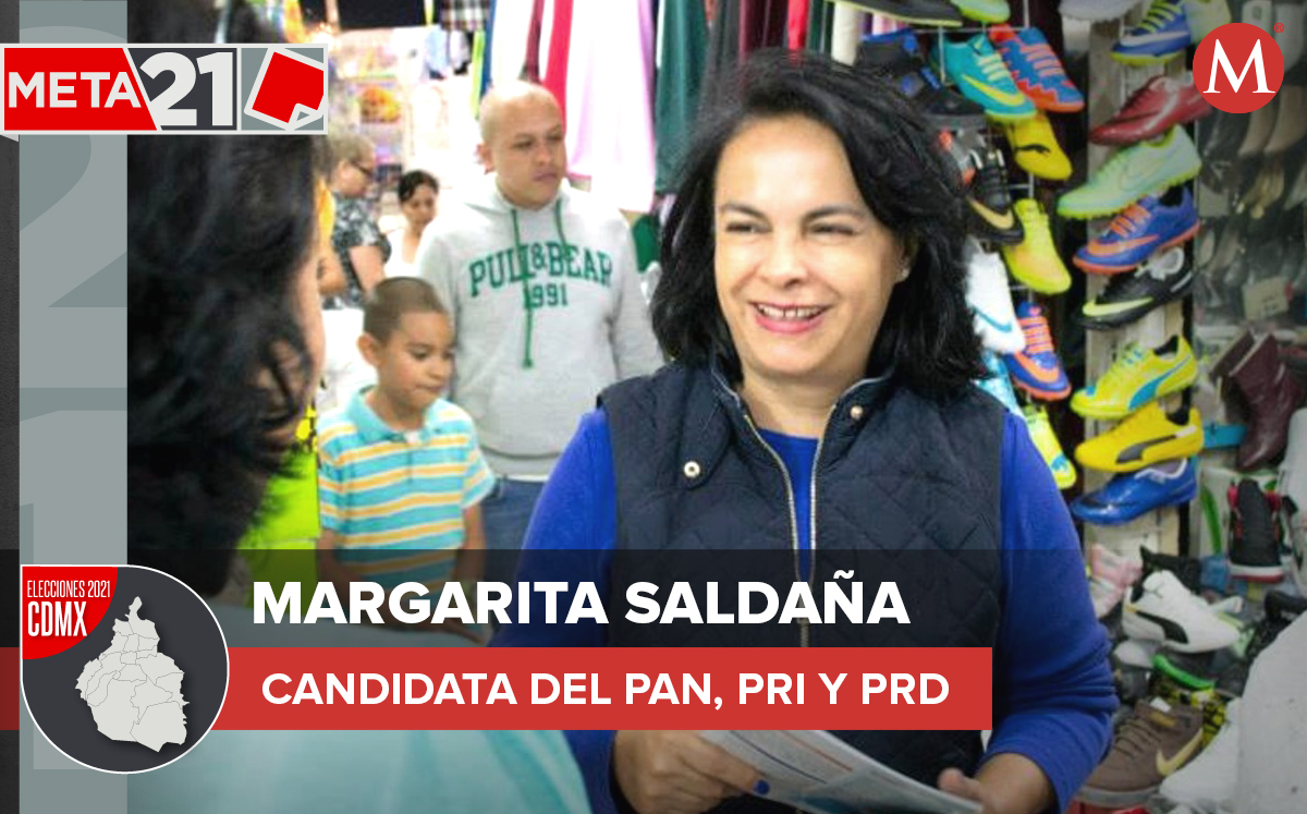 Margarita Salda, candidata en Azcapotzalco por el PAN, PRI y PRD. | Foto: Facebook; Diseño: Oscar Ávila
