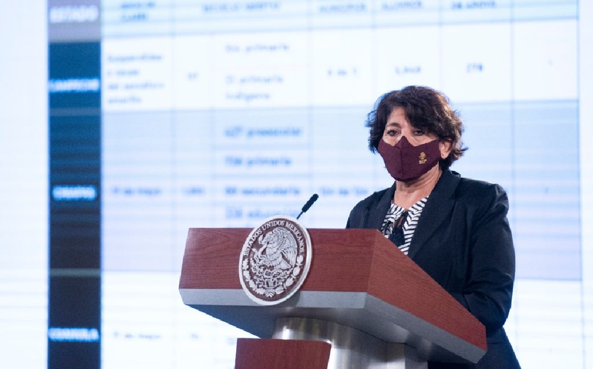 La secretaria de Educación, Delfina Gómez, durante la conferencia mañanera de hoy. (Cortesía)