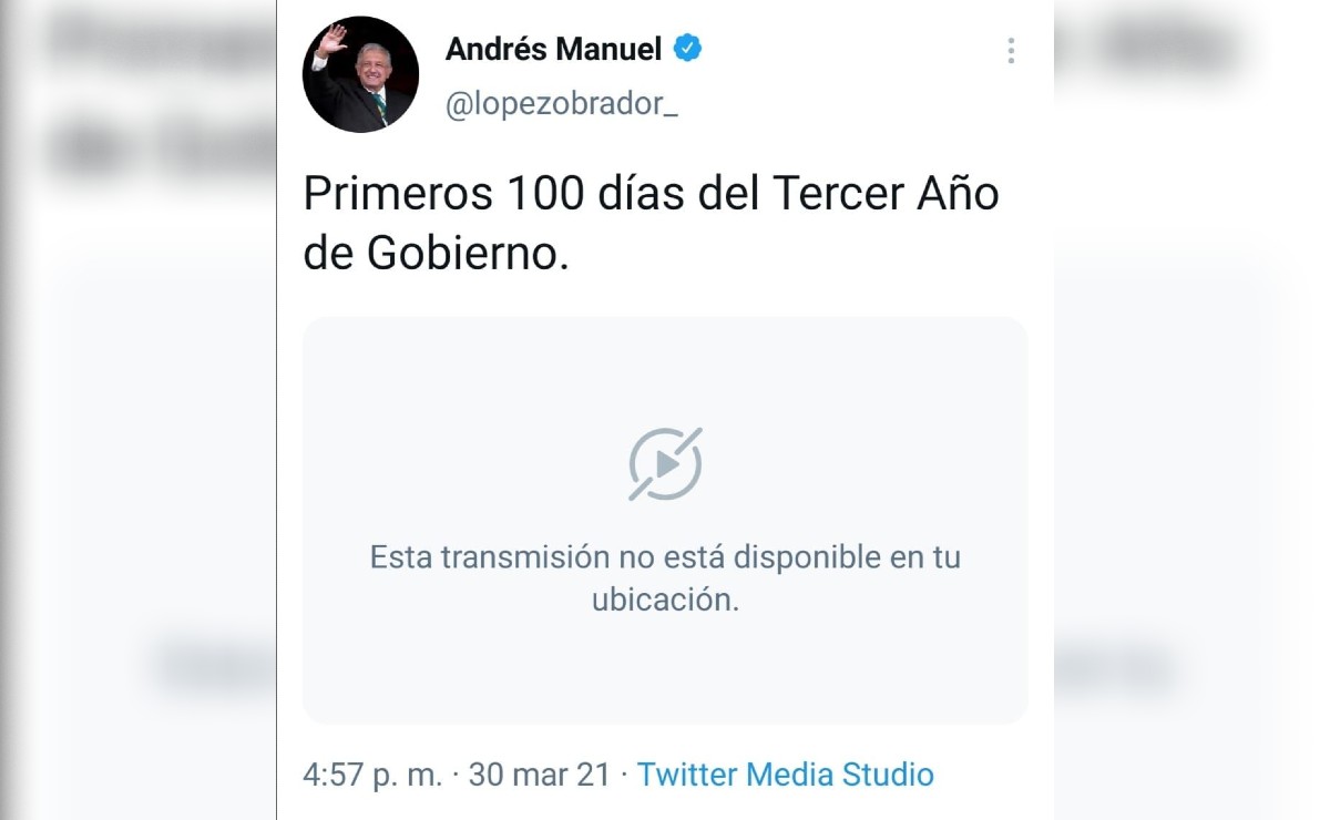 En la cuenta de Twitter se mantiene activo el tuit, sin embargo, la transmisión dice que no está disponible. | Pedro Domínguez