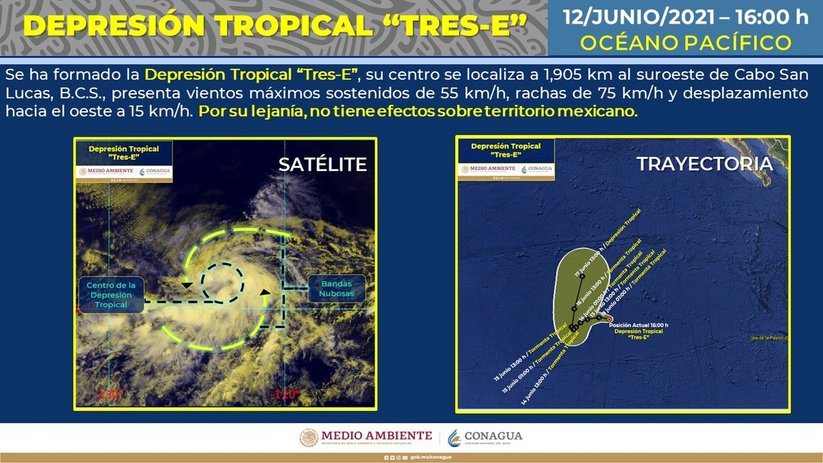 Esta tarde, se formó la depresión tropical Tres-E. (Tomada de @conagua_clima)
