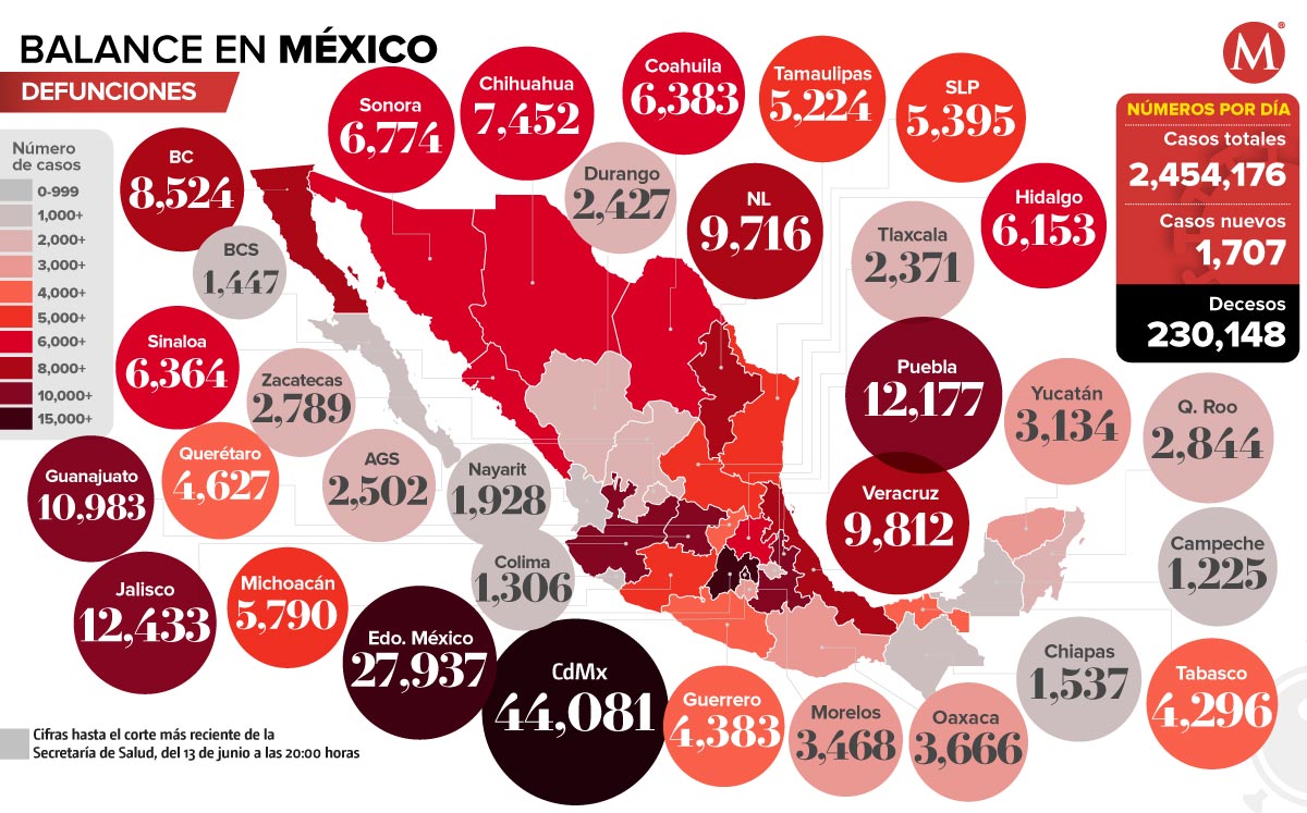 Mapa de muertes por coronavirus en México al 13 de junio de 2021.
