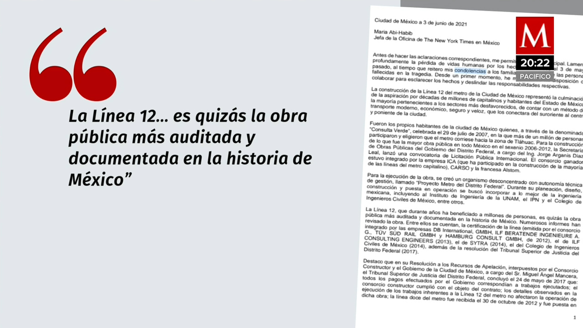 "Mis respuestas fueron ignoradas": Ebrard a NYT tras reportaje sobre Línea 12 del Metro