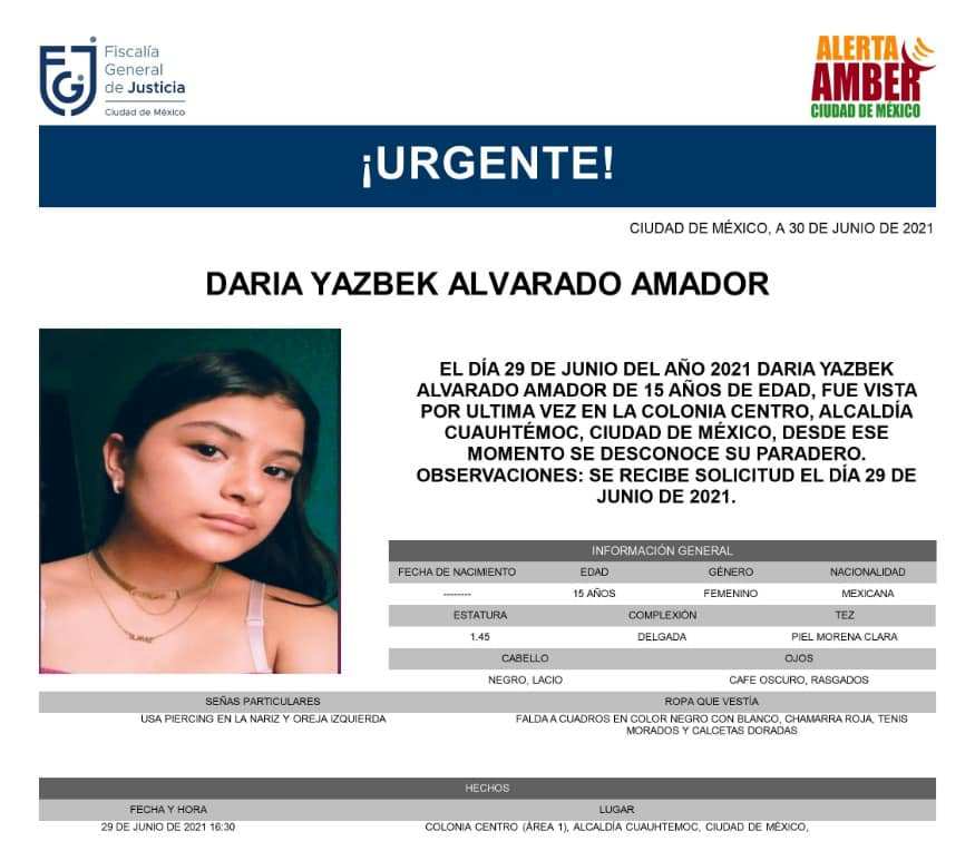 Ficha de búsqueda de Daria Yazbek Alvarado Amador. (FGJ de CdMx)