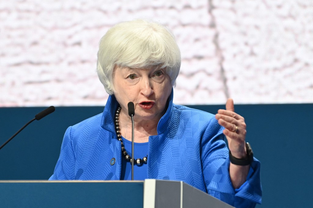 Janet Yellen, secretaria del Tesoro de EU en conferencia tras la cumbre del G20 de Finanzas en Venecia. (AFP)