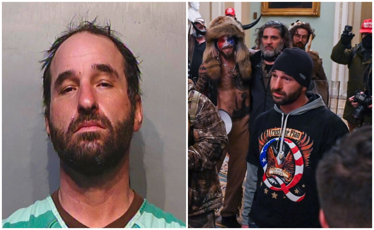 Douglas Jensen fue captado confrontando a un policía en el asalto al Capitolio. | Fotos: Policía de Polk (vía AP) y AFP, respectivamente