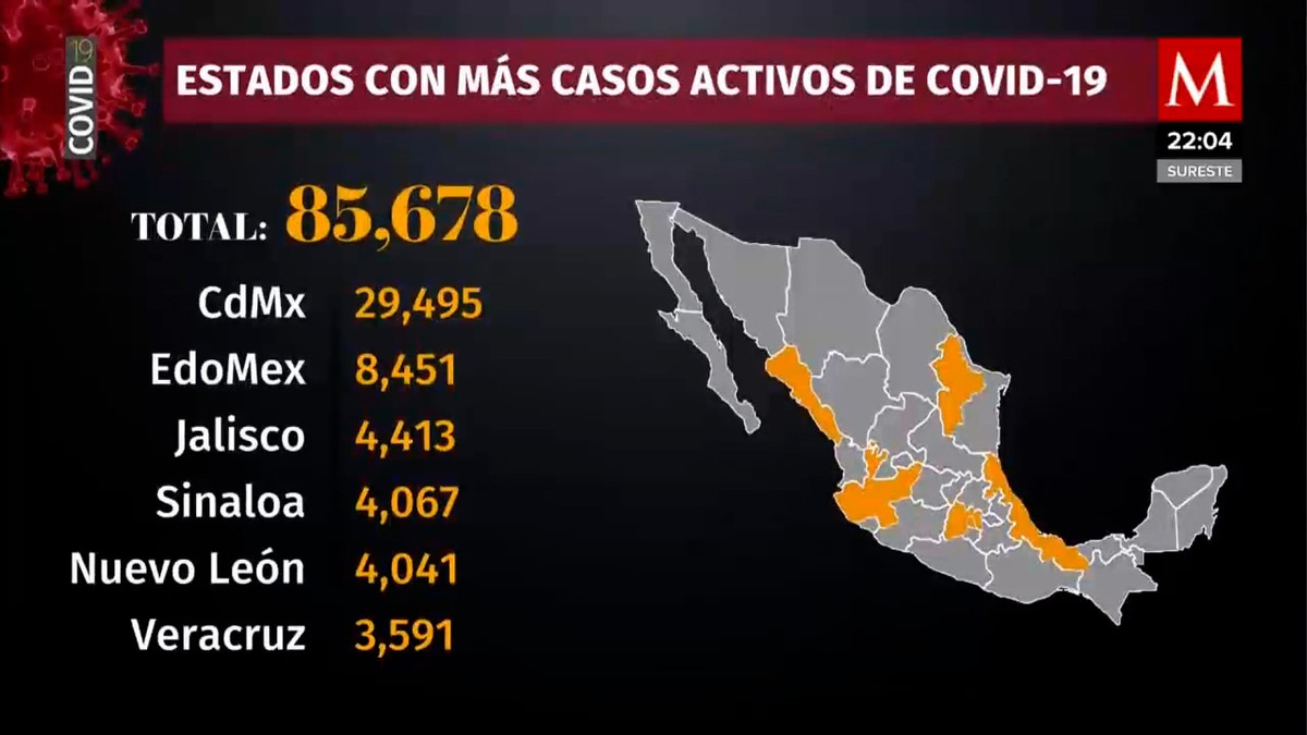 Coronavirus. Casos en México por estado, mapa al 21 de julio de 2021