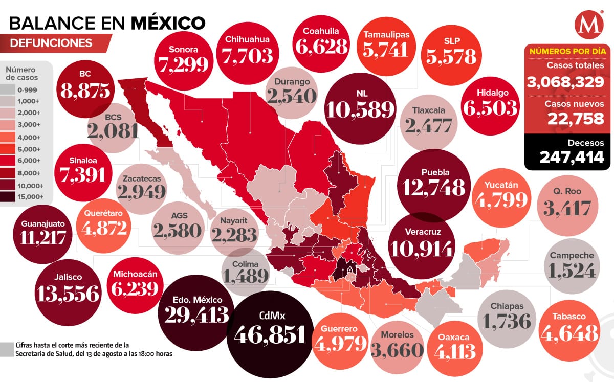 Mapa de casos activos de coronavirus en México del 13 de agosto de 2021. (Milenio Digital)
