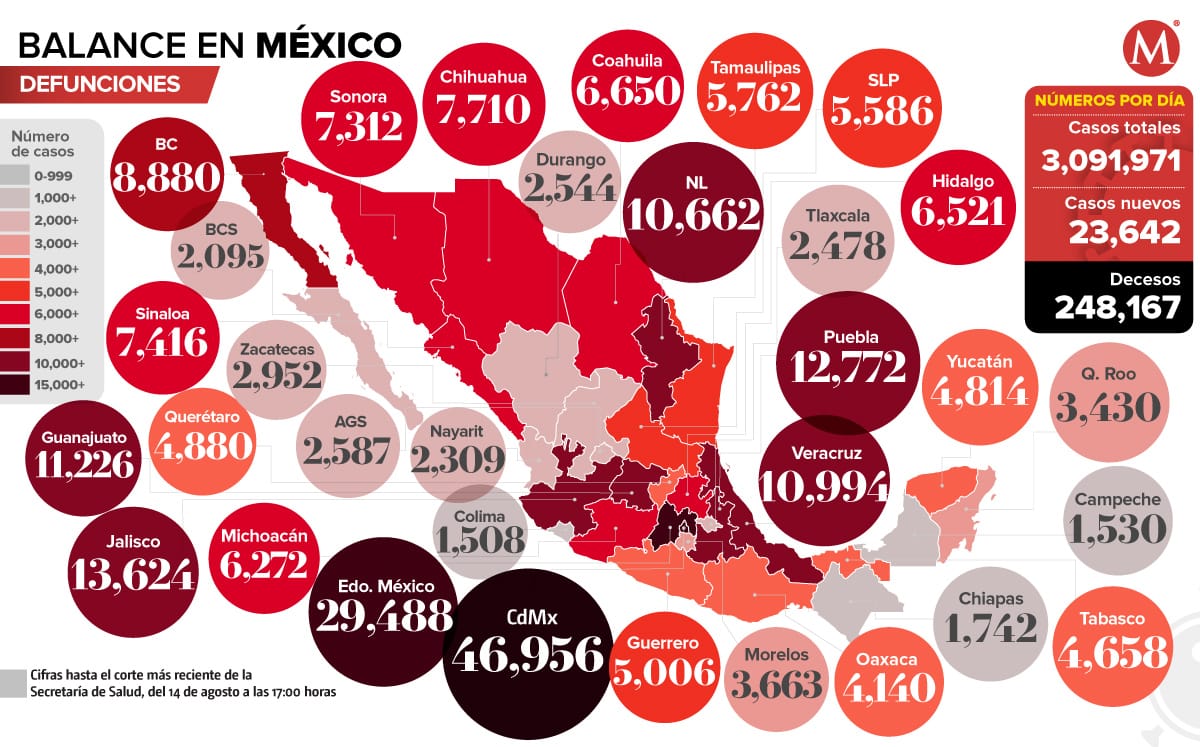 Mapa de casos activos de coronavirus en México del 13 de agosto de 2021. (Notivox Digital).
