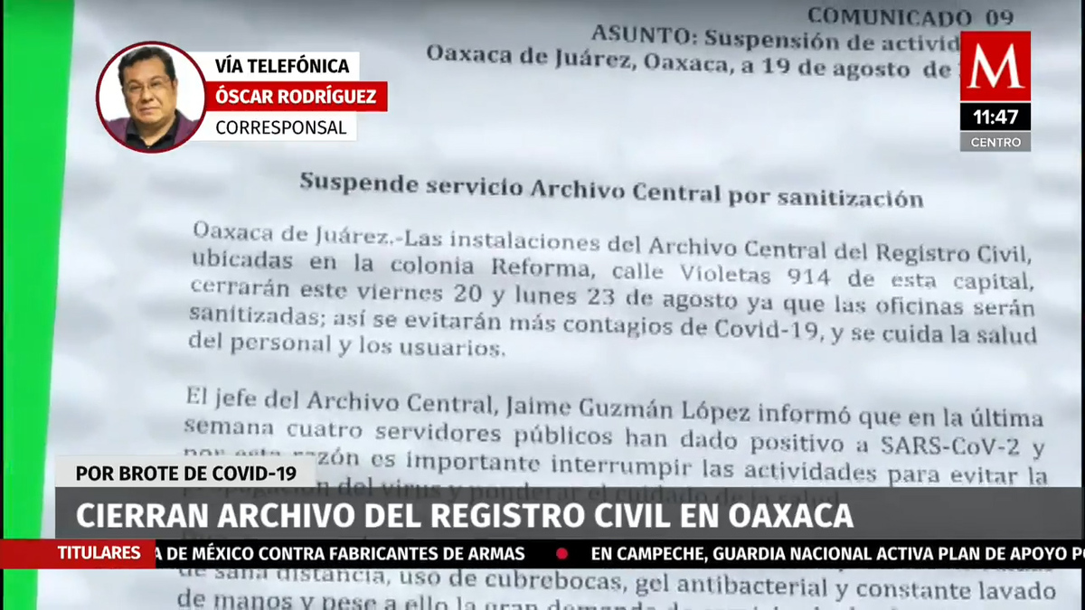 Cierran archivo de registro civil en Oaxaca por covid-19