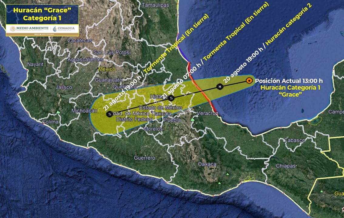 Grace podría intensificarse a huracán categoría 2 a las 19:00 horas. (SMN)