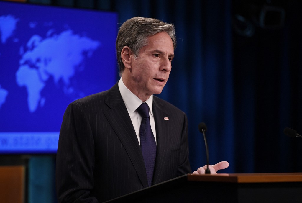Antony Blinken, secretario de Estado de Estados Unidos en conferencia de prensa. (AFP)