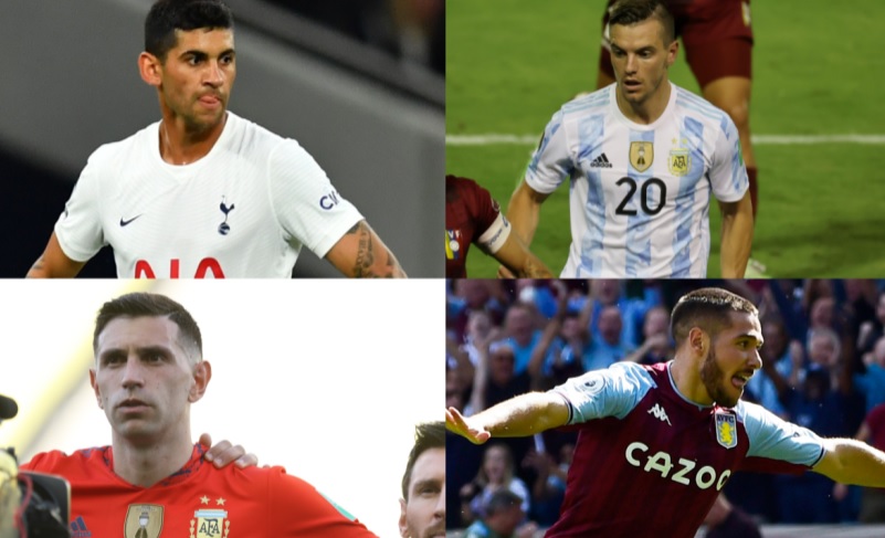 Emiliano Martínez, Giovani Lo Celso, Cristian Romero y Emiliano Buendía (Reuters)