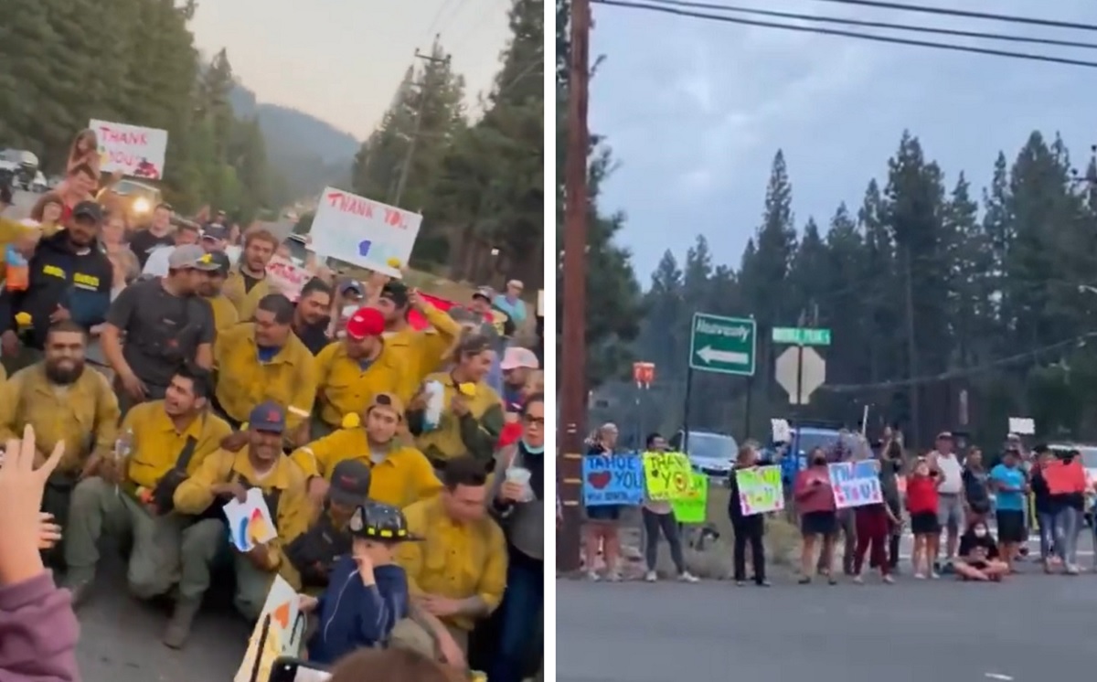 Residentes de South Lake Tahoe agradecieron a los bomberos que apagaron el incendio forestal en el poblado. (Capturas de video)