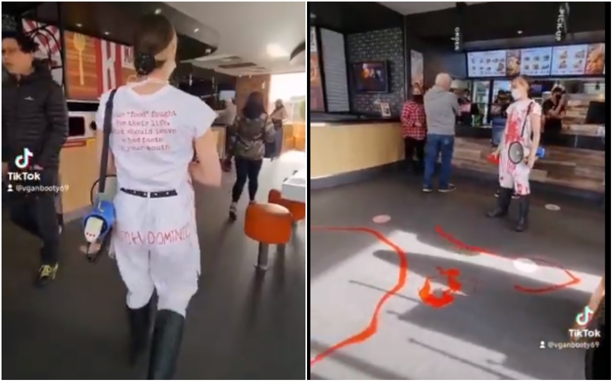 Vegana protesta en cadena de restaurantes KFC en Australia |  @vganbooty