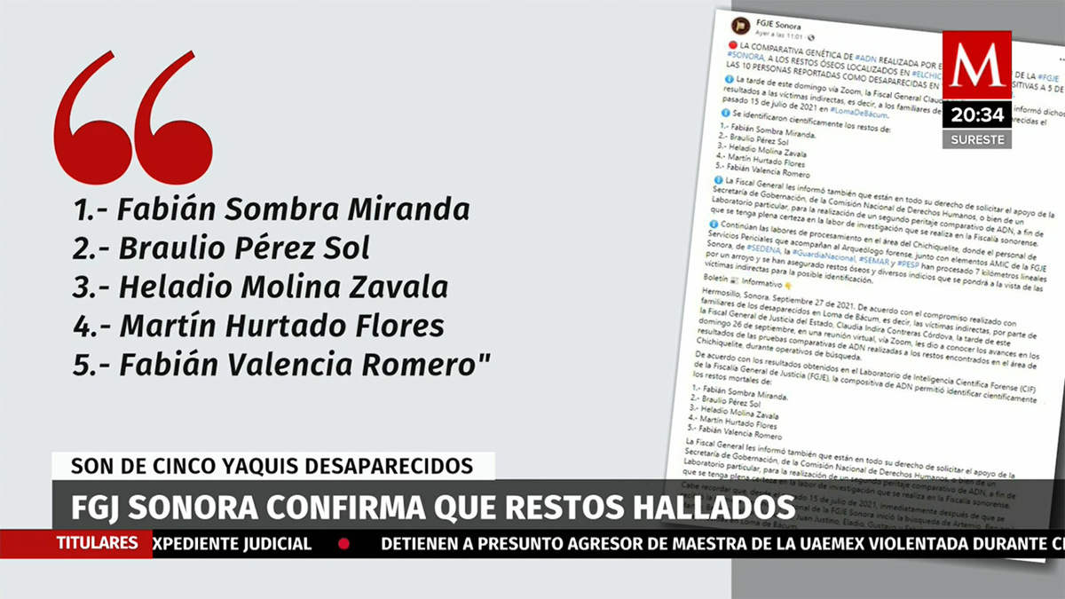 FGJ confirma que restos hallados son de cinco Yaquis desaparecidos