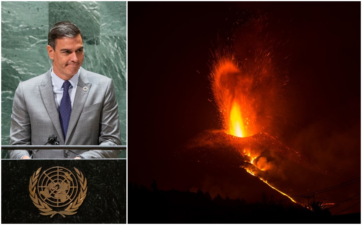 Pedro Sánchez prometió que ayudaría a la gente que perdió su hogar por la erupción del Cumbre Vieja. (Reuters / AFP)