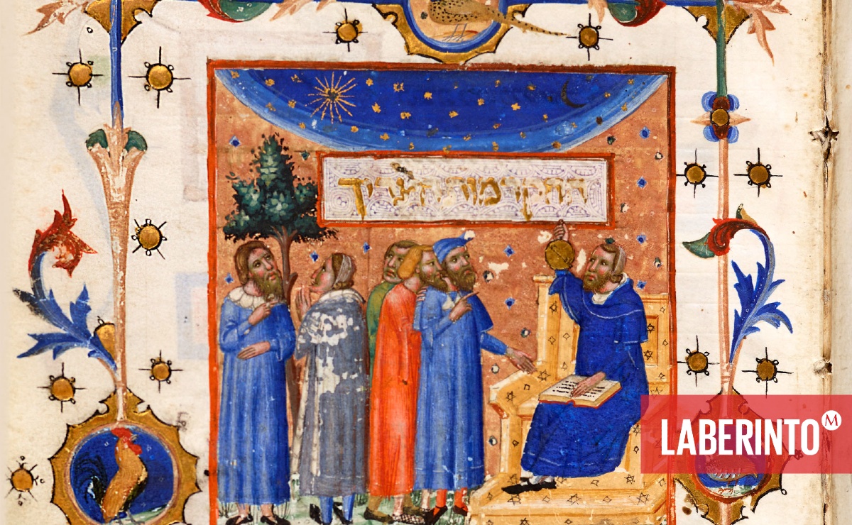 Representación de Maimónides enseñando a los estudiantes sobre la 'medida del hombre' en comparación con la Tierra y el universo. (The Israel Museum)