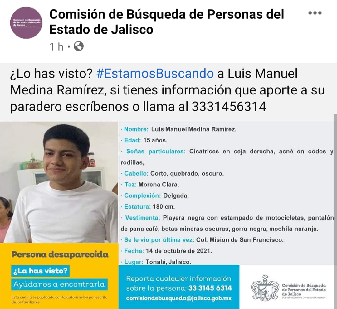 Activan alerta amber por joven desaparecido en Tonalá (Especial)