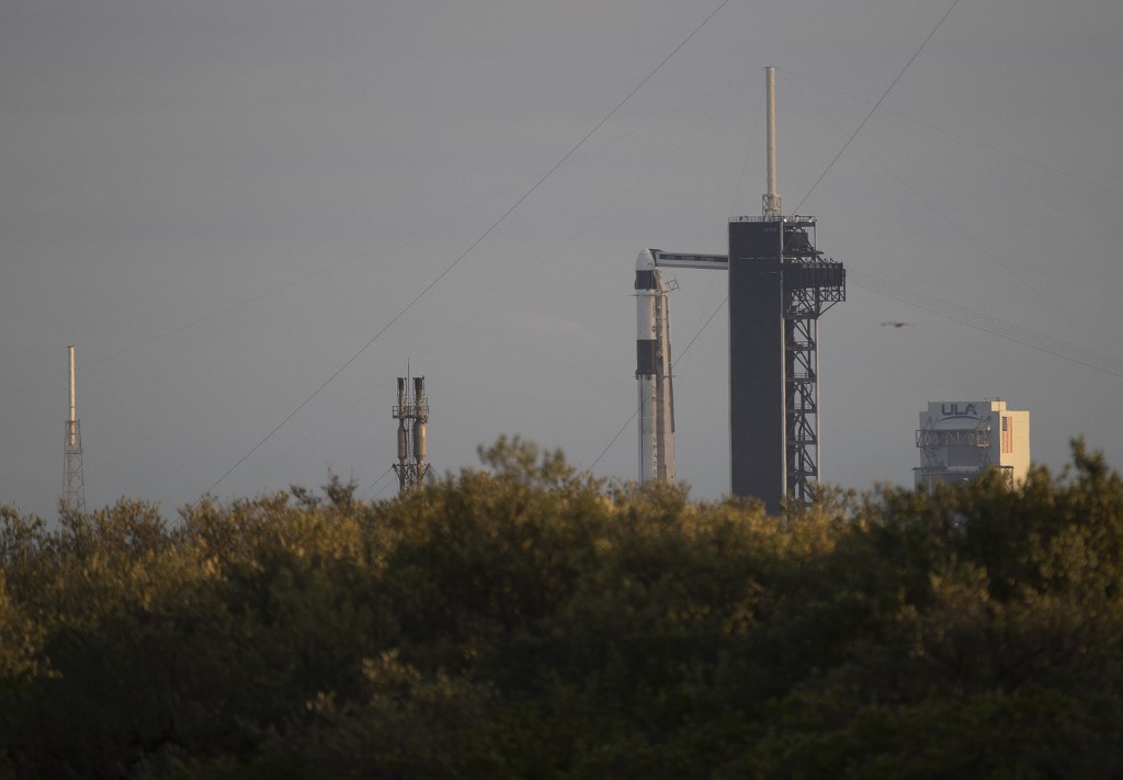 Cohete SpaceX Falcon 9 y la cápsula Crew Dragon en la plataforma de lanzamiento. (AFP)