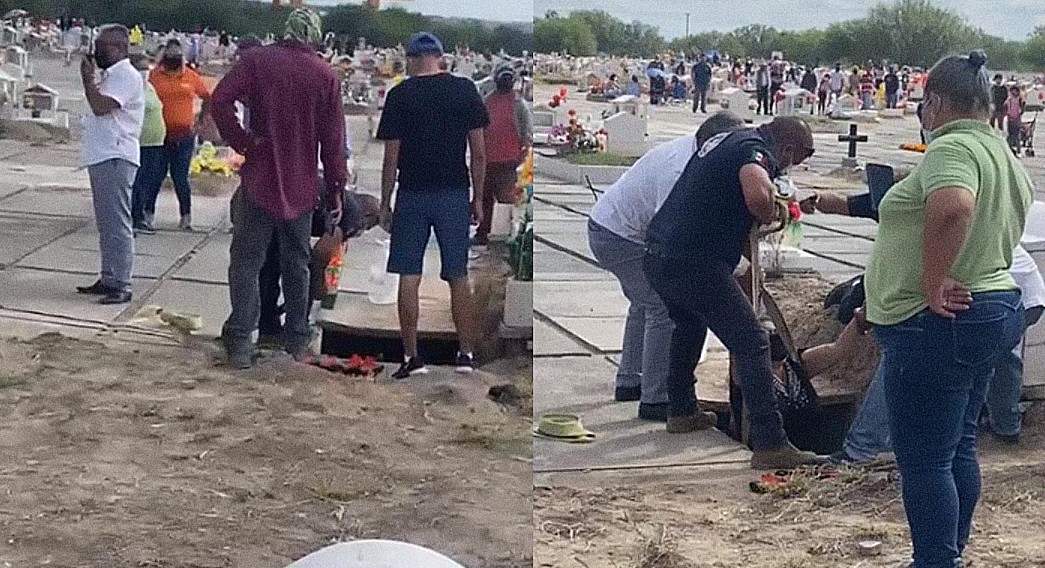 Mujeres caen a tumba de panteón en Marín, Nuevo León. Foto: Especial.