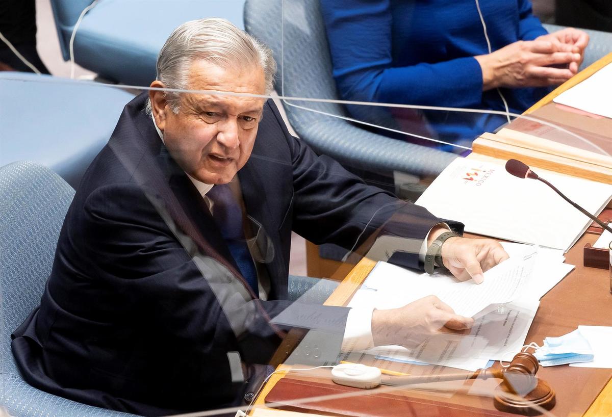 AMLO en la reunión con autoridades de la ONU. (EFE)
