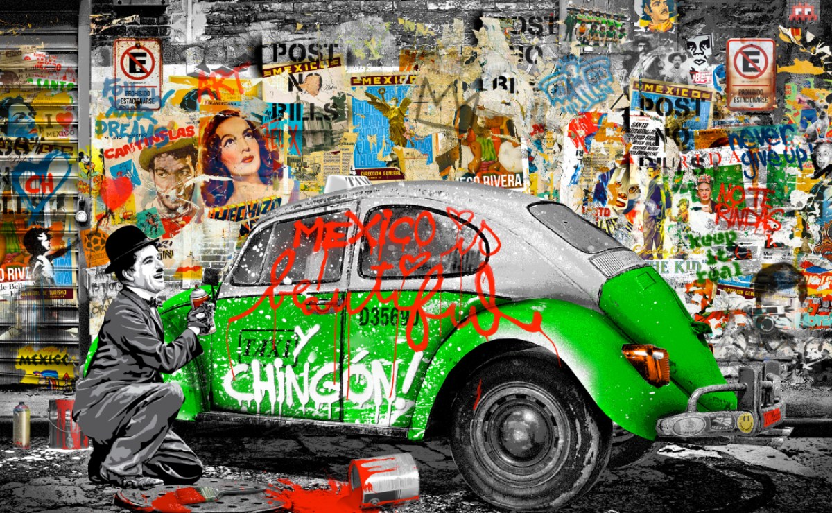 En una de las piezas de la exposición destaca como figura principal a un sonriente Chaplin. (Cortesía: LS Galería)