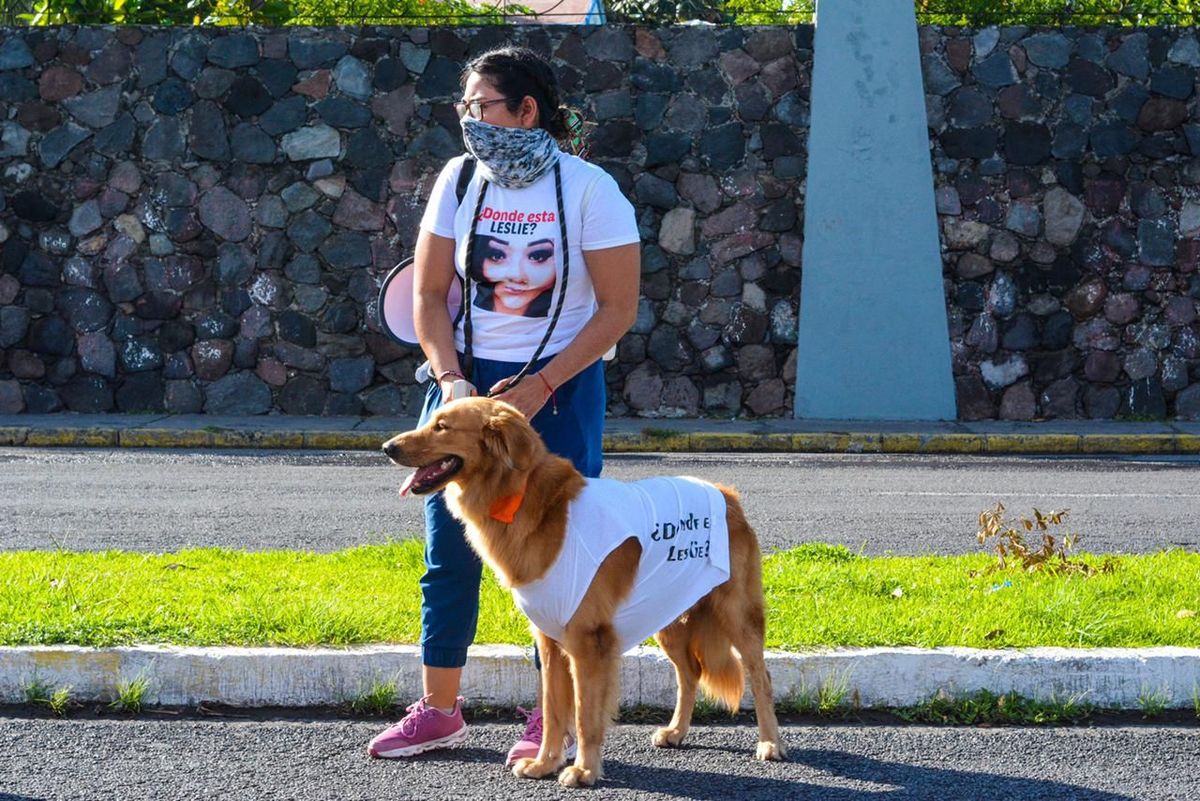 En una manifestación por la desaparición de personas participa uno de los perros que ayudan en las labores de búsqueda. (Arnoldo Delgadillo)