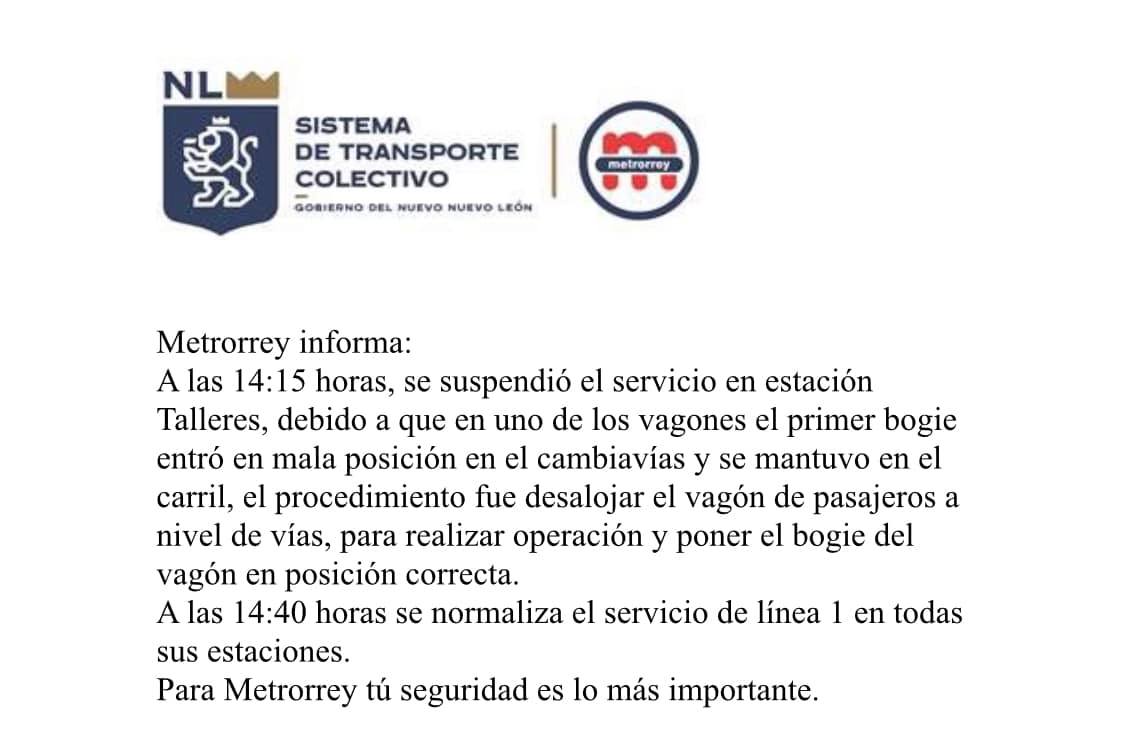 Metrorrey informó sobre la falla a través de un comunicado. Foto: Especial