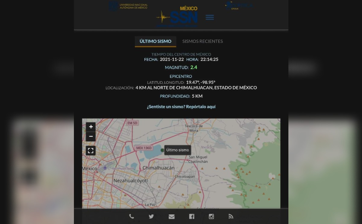 El sismo se registró a las 22:14 del lunes 22 de noviembre.