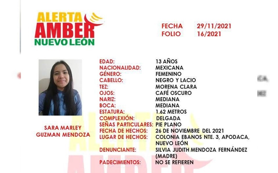 Activan Alerta Amber de Sara Marley. Foto: Especial