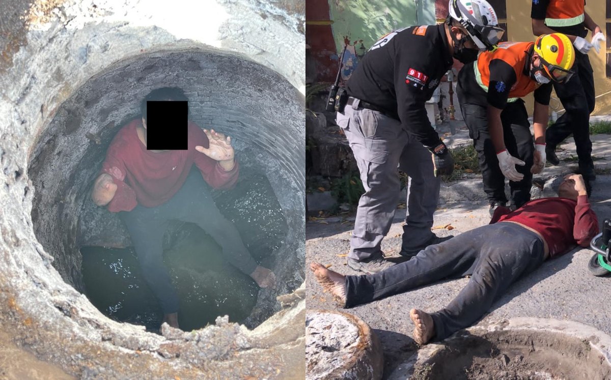 Rescatan a hombre que cayó en una alcantarilla de Escobedo, Nuevo León. Foto: Especial.