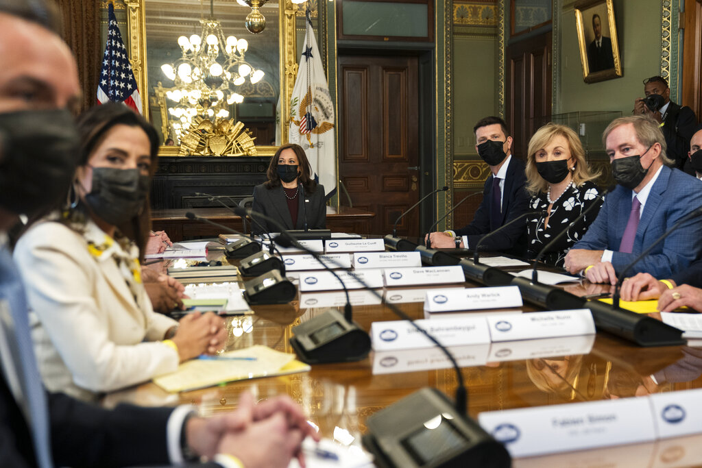 La vicepresidenta de Estados Unidos, Kamala Harris, en reunión con empresarios para la inversión en Centroamérica. (AP)