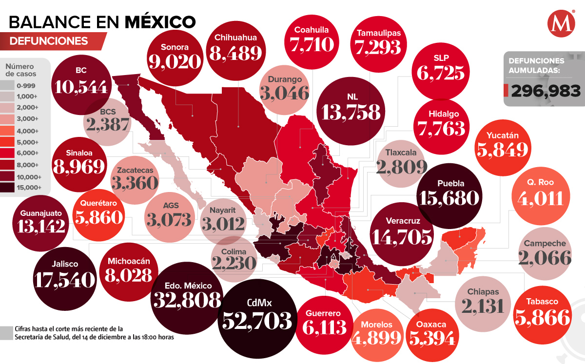 Mapa de defunciones por covid-19 en México, martes 14 de diciembre de 2021. | Milenio Digital