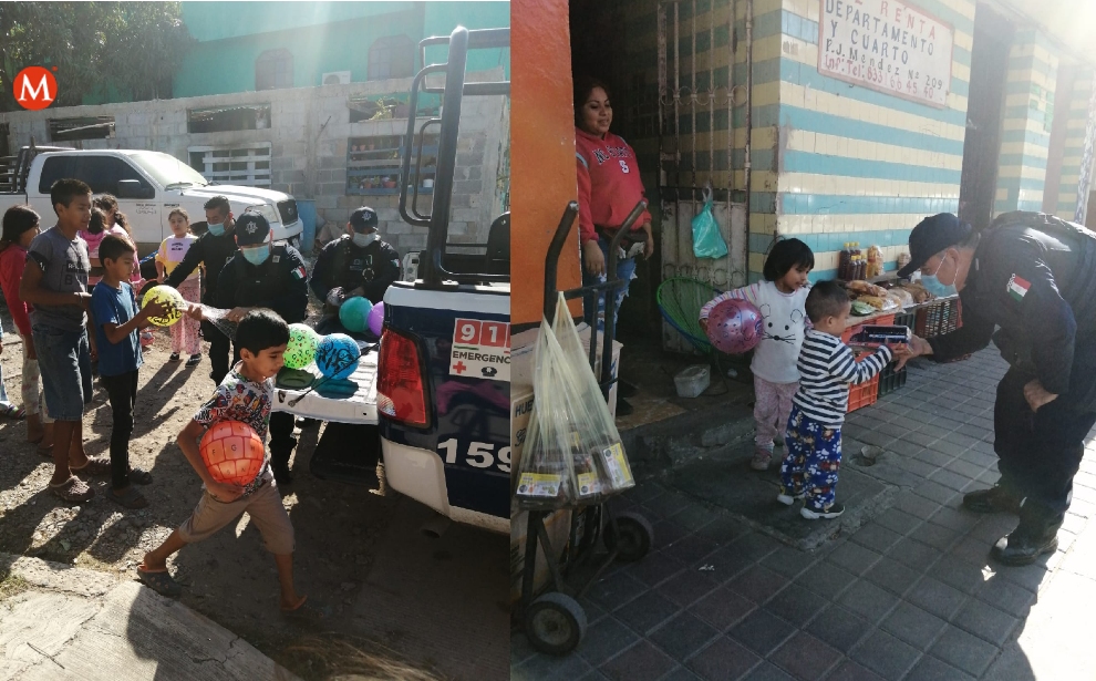 Elementos de la policía estatal entregan regalos a niños