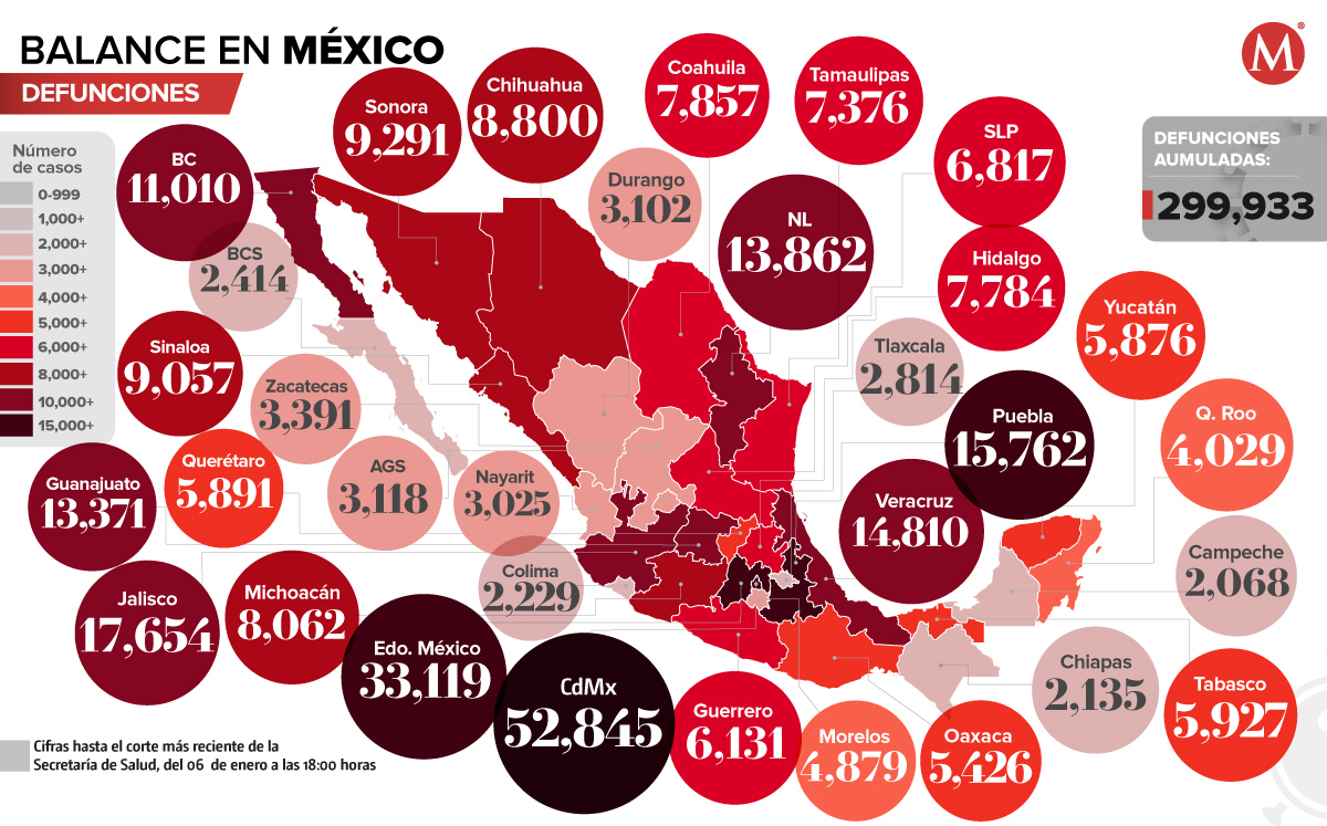 Mapa de defunciones por covid-19 en México, jueves 6 de enero de 2022. | Notivox Digital