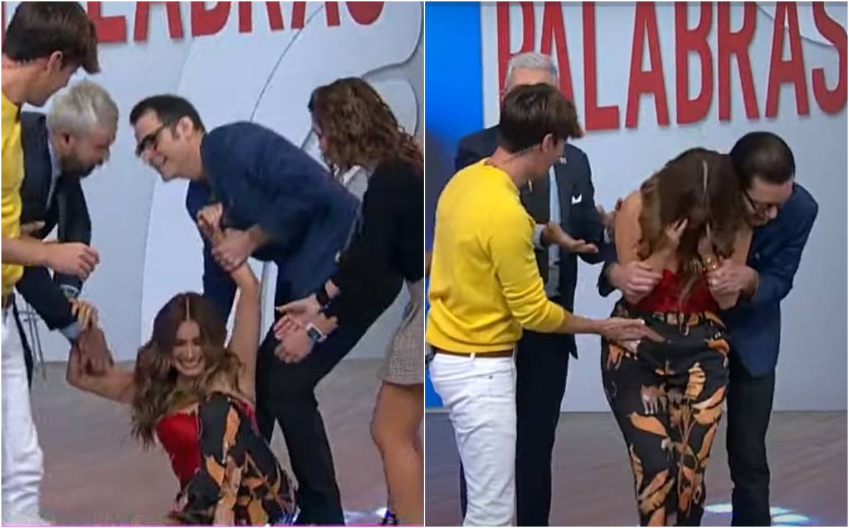 Cynthia Rodríguez se cae en 'Venga la Alegría' (Captura).