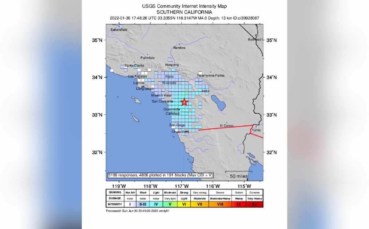 Mapa del sismo de magnitud 4.1 en San Diego, difundido por USGS
