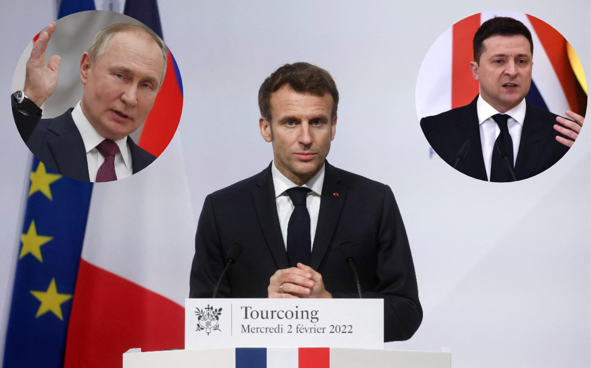 El presidente francés Emmanuel Macron tuvo conversaciones con sus homólogos, Volodimir Zelenski y Vladimir Putin. (AFP)