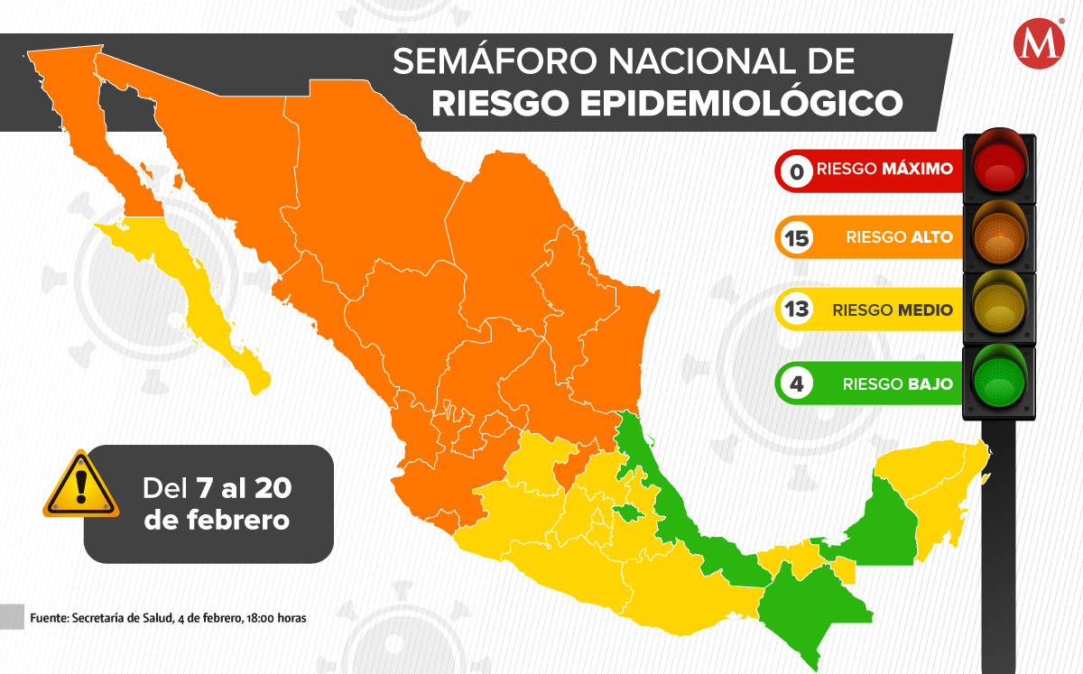 Semáforo epidemiológico nacional del 7 al 20 de febrero del 2022. (Especial)