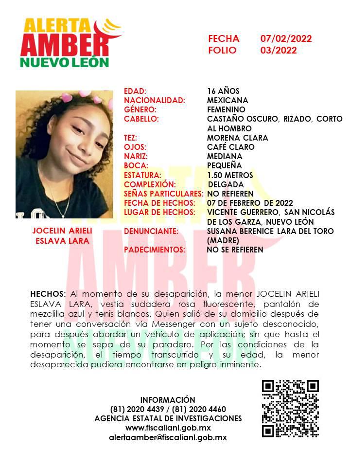 Jocelin Arieli, de 16 años, desapareció en el municipio de San Nicolás, NL.