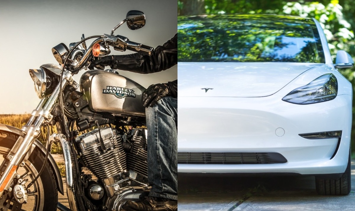 Motocicleta Harley-Davison y auto Tesla. (Shutterstock)