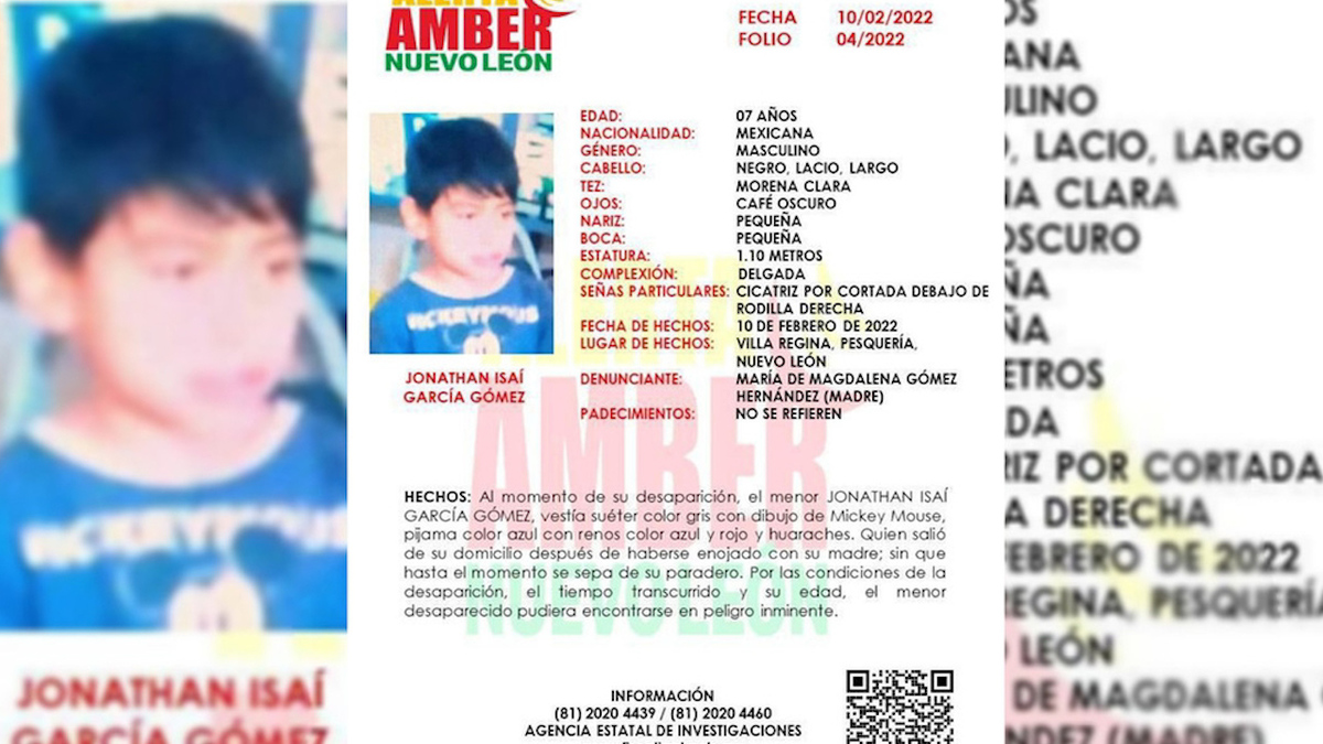 Lanzan Alerta Amber por niño de 7 años desaparecido en NL