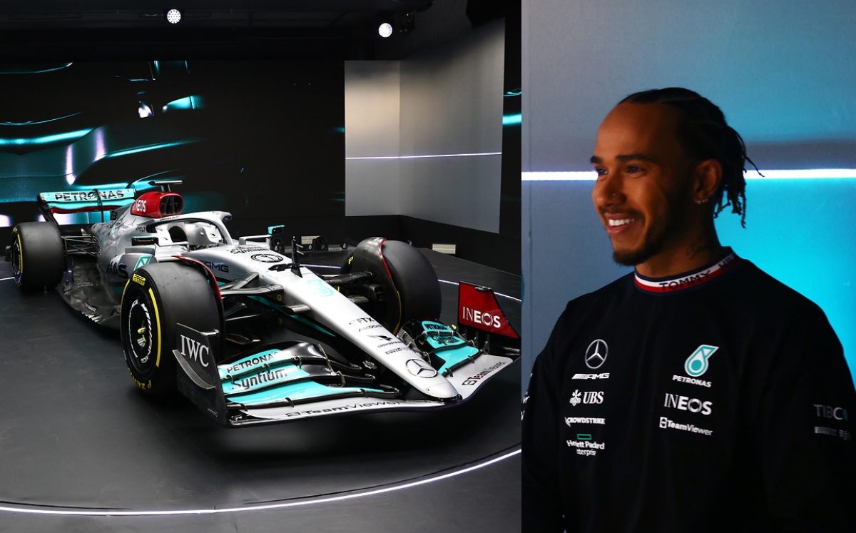 Lewis Hamilton durante la presentación del nuevo monoplaza de Mercedes (Twitter @PET_Motorsports)