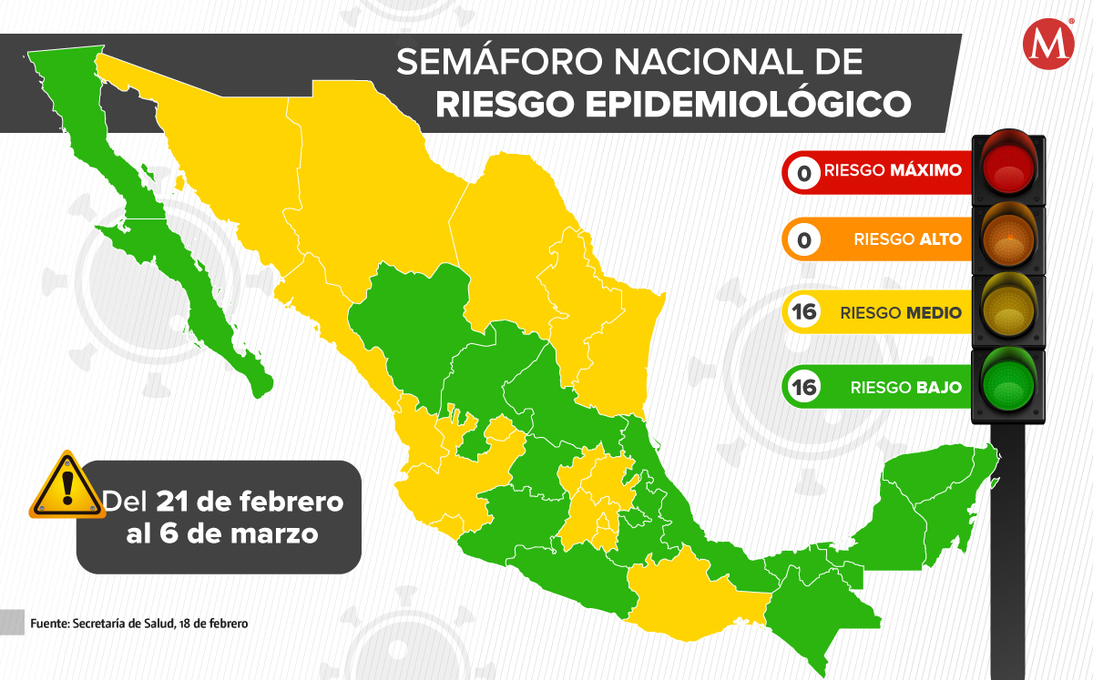Semáforo epidemiológico nacional del 21 de febrero al 6 de enero de 2022. (Especial)